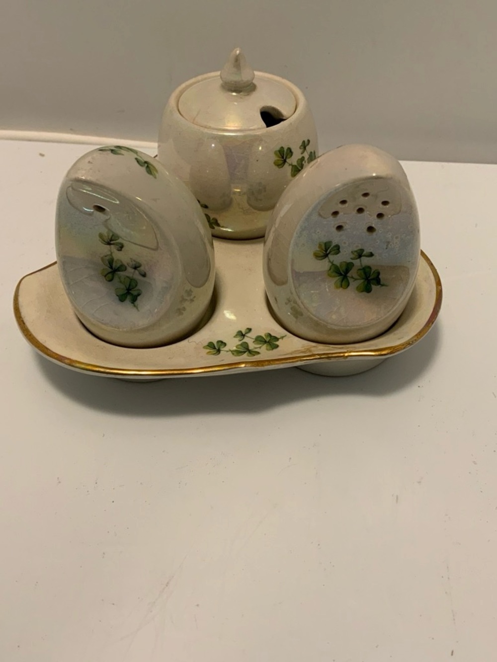 Ceramic Clover Salt & Pepper Set with Sugar Jar - White and Green